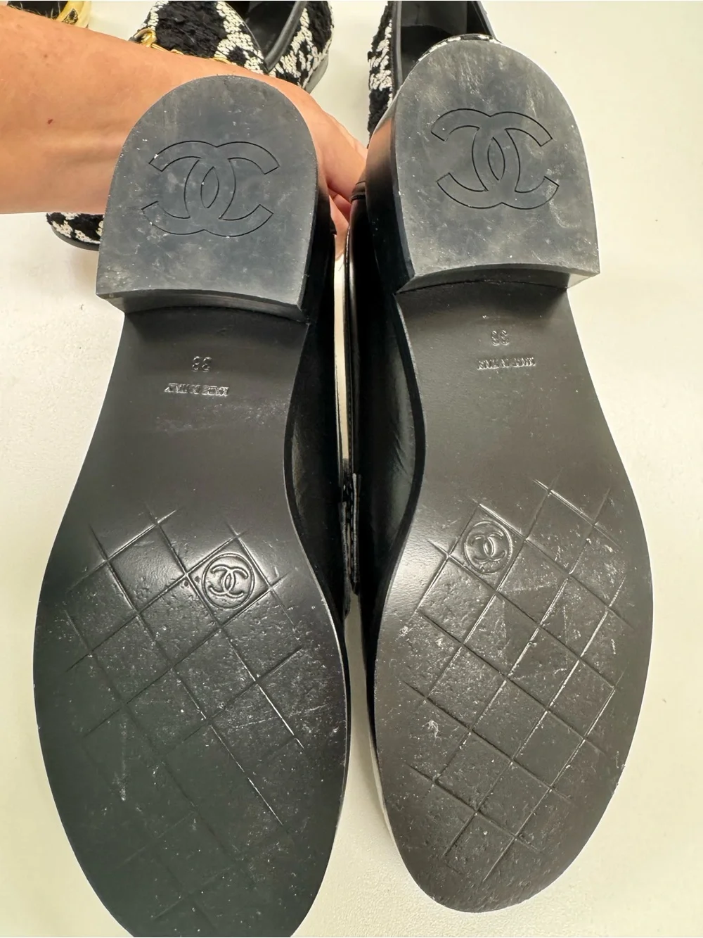 CHANEL Black Leather Loafers with Gold CC Medallions